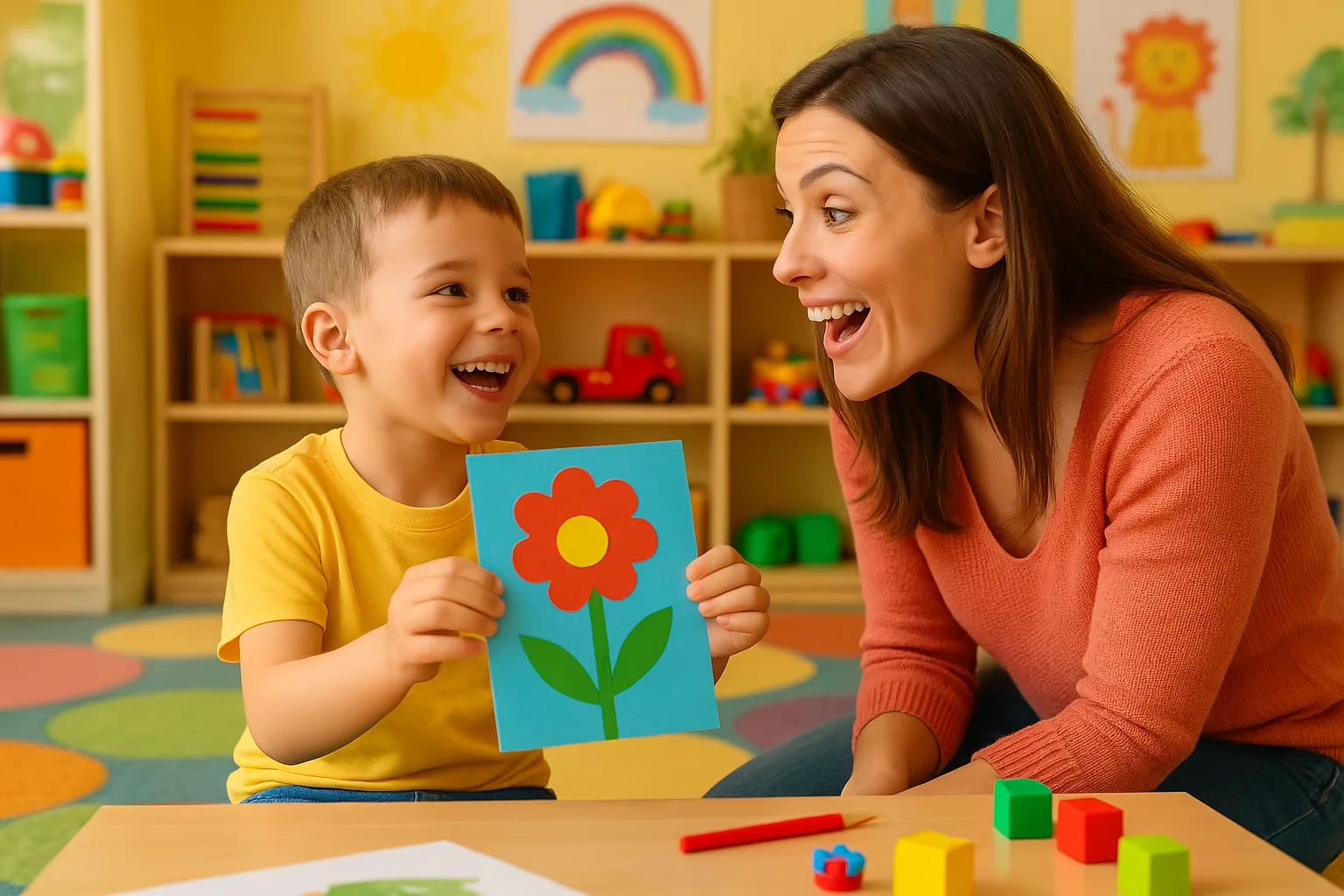 ребёнок показывает маме сделанную поделку