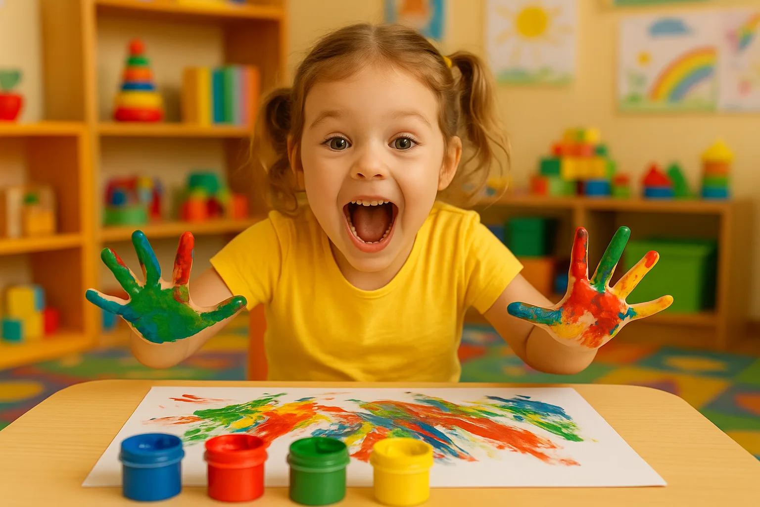 девочка с восторгом рисует пальчиковыми красками