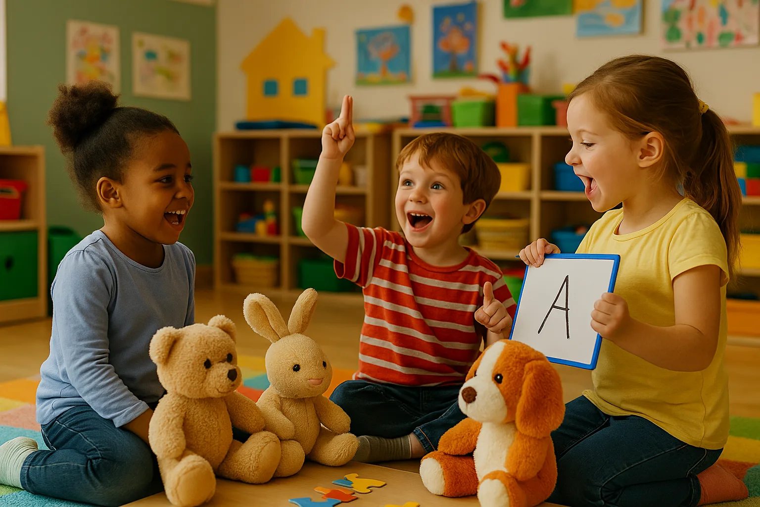 дети разыгрывают сцену урока с игрушками